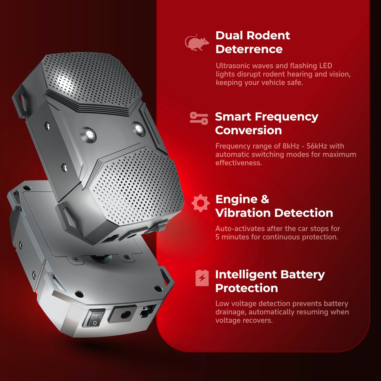 Echoveda Ultrasonic Rat Repellent for Car & Home | Dual Rodent Deterrent with LED Flash & Ultrasonic Waves | Versatile 3-Way Power | Rodent Repeller Device for Engine Bay, Garage, Office, Kitchen