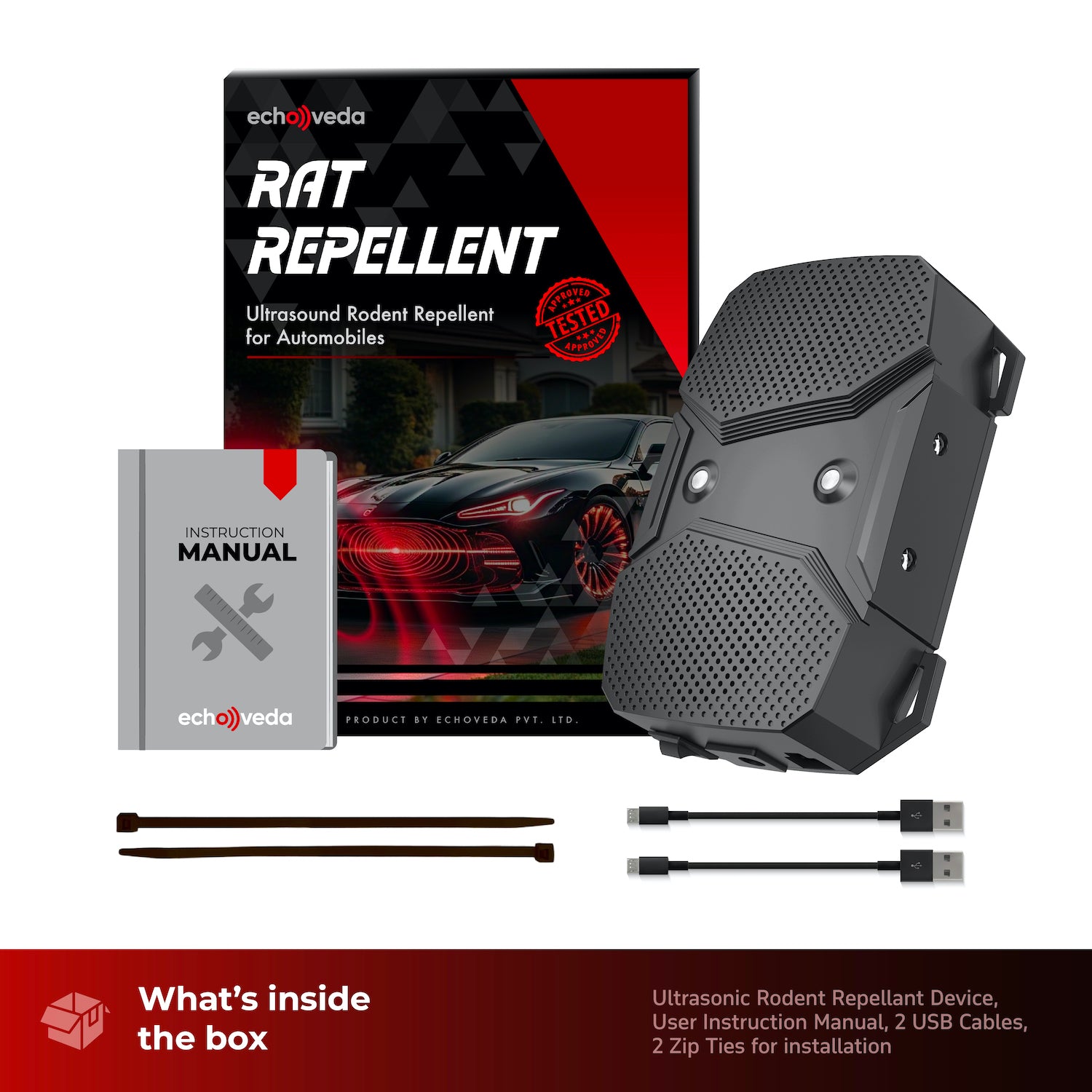 Echoveda Ultrasonic Rat Repellent for Car & Home | Dual Rodent Deterrent with LED Flash & Ultrasonic Waves | Versatile 3-Way Power | Rodent Repeller Device for Engine Bay, Garage, Office, Kitchen